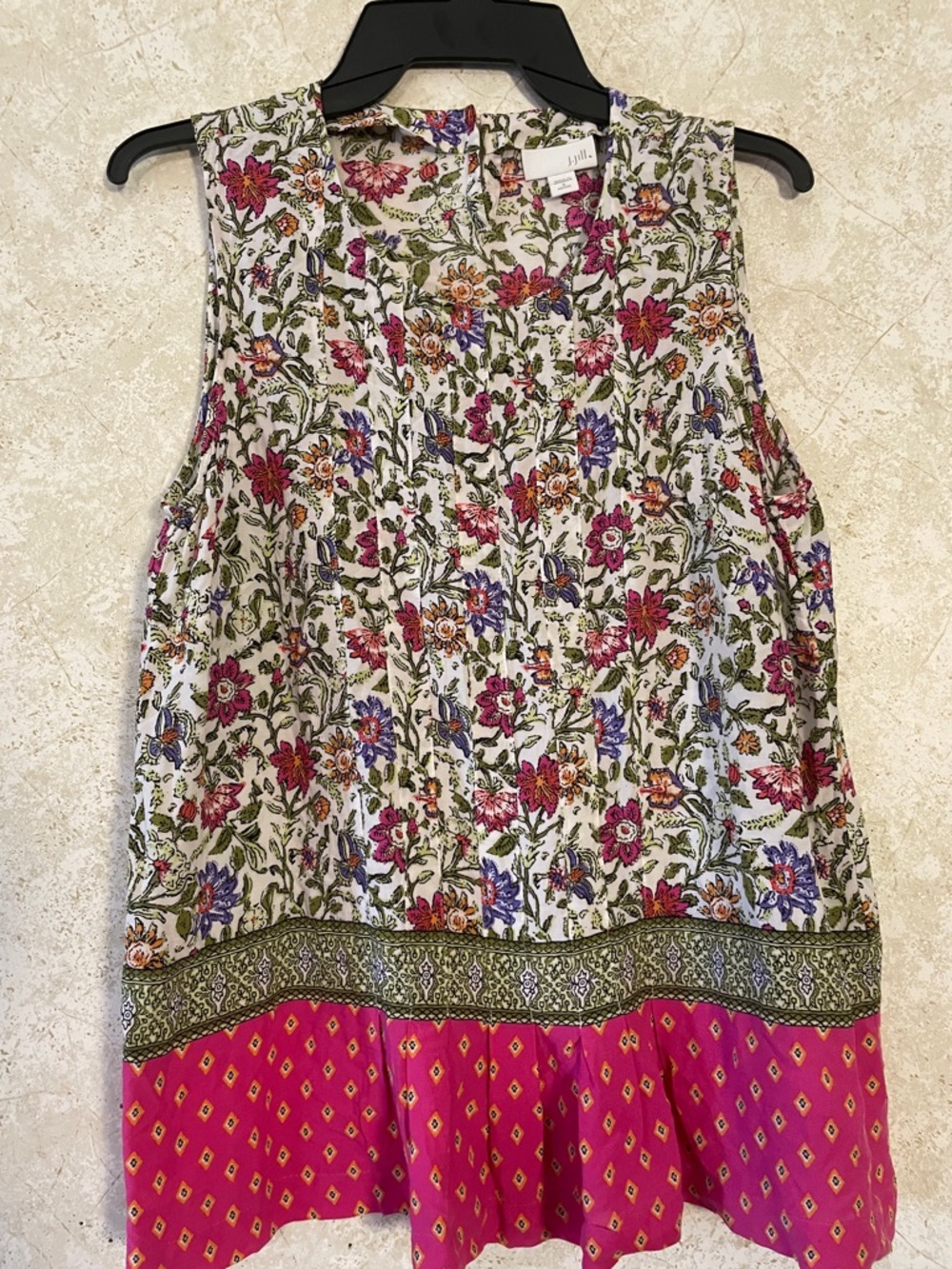 J. Jill Mixed Media Sleeveless Top in Cream, Pink, Green,